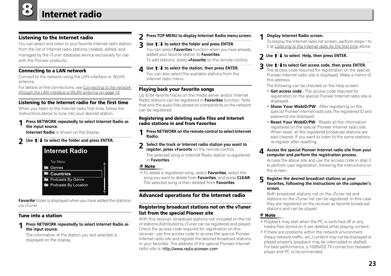 08 internet radio, Listening to the internet radio, Advanced operations for the internet radio | Internet radio | Pioneer X-HM71-S User Manual | Page 23 / 42