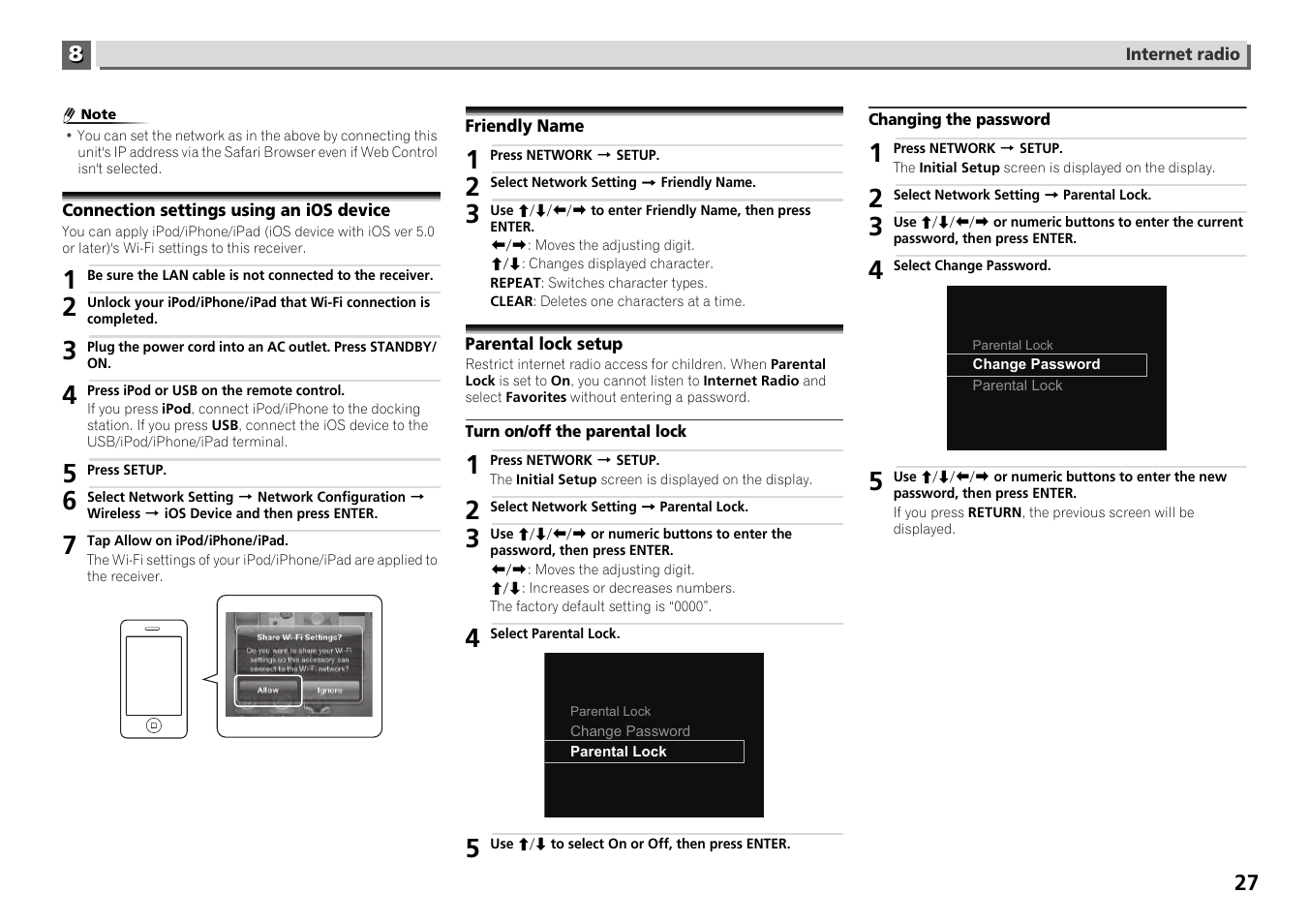 Connection settings using an ios device, Friendly name, Parental lock setup | Pioneer X-HM71-S User Manual | Page 27 / 42