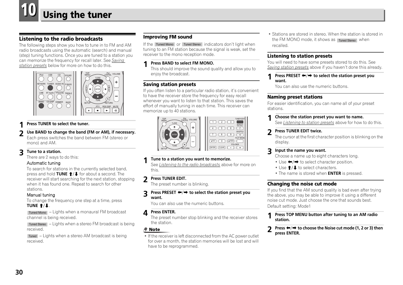 10 using the tuner, Listening to the radio broadcasts, Using the tuner | Improving fm sound, Saving station presets, Listening to station presets, Naming preset stations, Changing the noise cut mode | Pioneer X-HM71-S User Manual | Page 30 / 42
