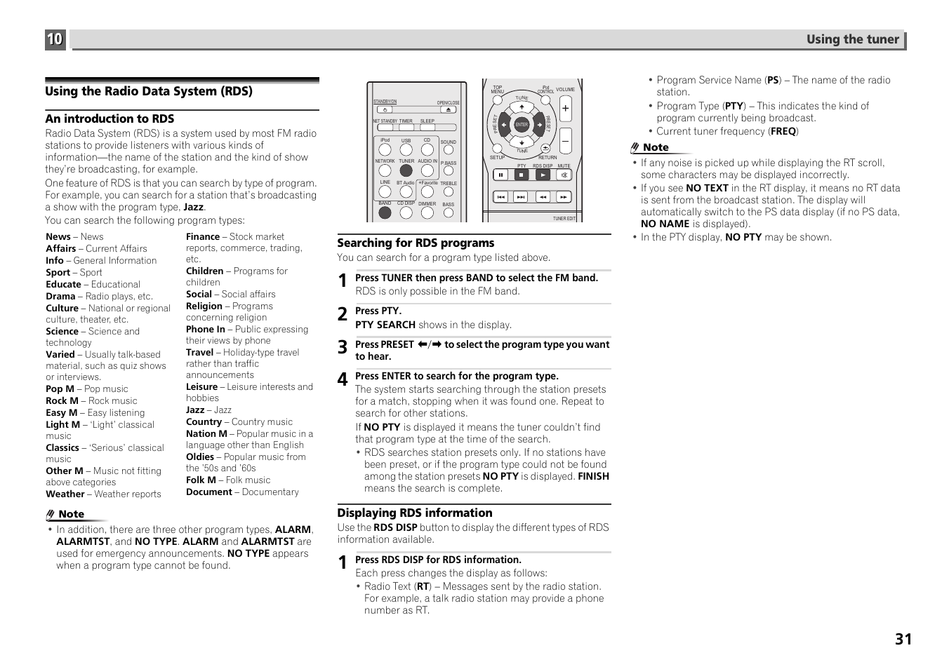 Using the radio data system (rds), Searching for rds programs, Displaying rds information | Pioneer X-HM71-S User Manual | Page 31 / 42