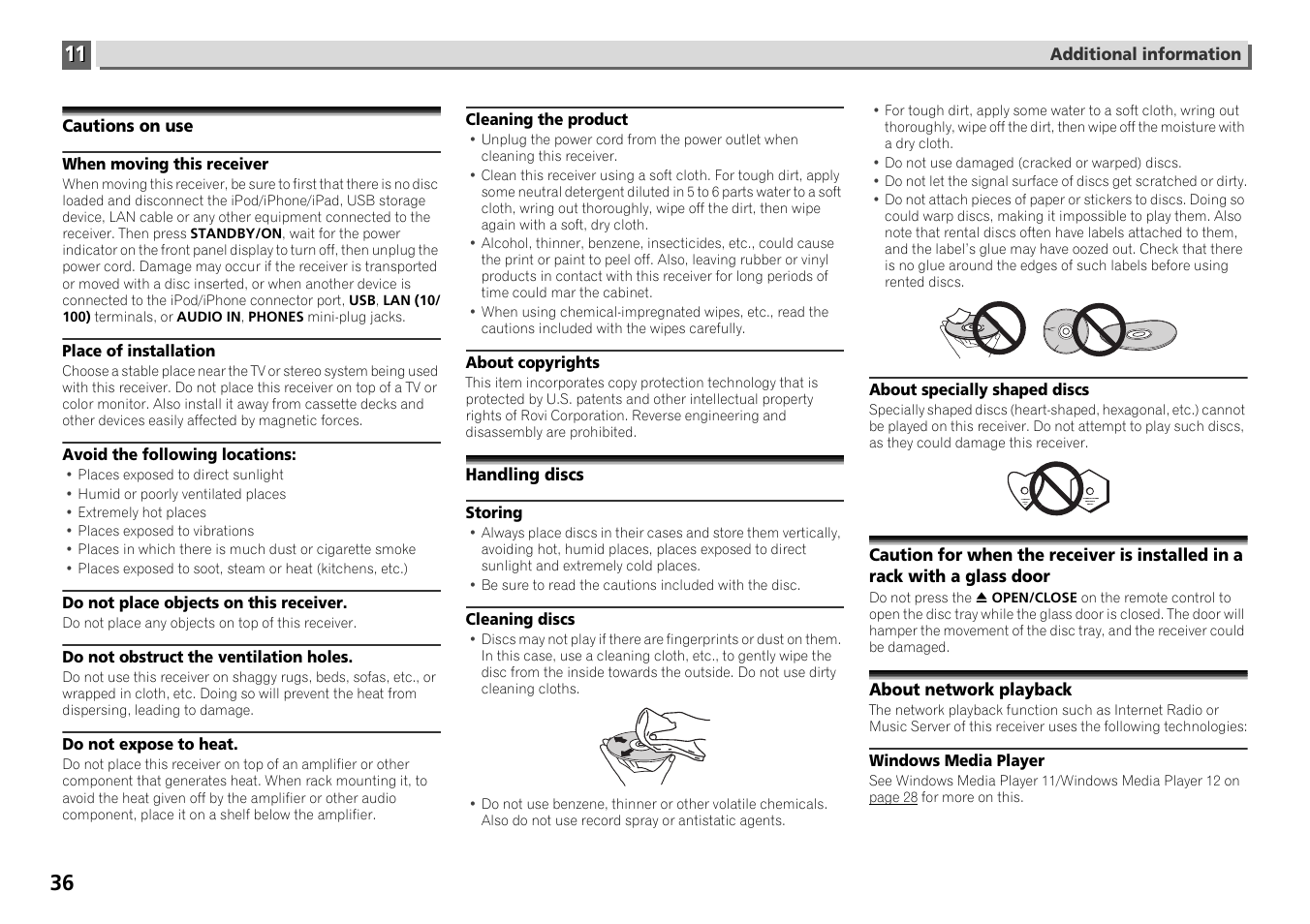 Cautions on use, Handling discs, A glass door | About network playback | Pioneer X-HM71-S User Manual | Page 36 / 42