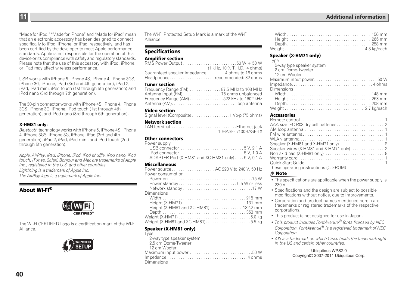 About wi-fi, Specifications | Pioneer X-HM71-S User Manual | Page 40 / 42