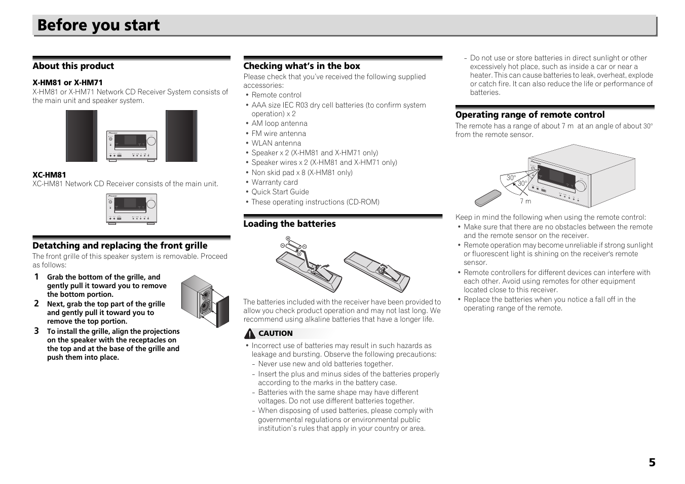 About this product, Detatching and replacing the front grille, Checking what’s in the box | Loading the batteries, Operating range of remote control, Before you start | Pioneer X-HM71-S User Manual | Page 5 / 42