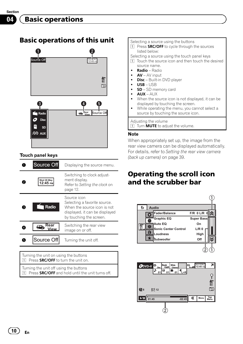 Basic operations basic operations of this unit, Operating the scroll icon and the scrubber, Basic operations of this unit | Operating the scroll icon and the scrubber bar, 04 basic operations, Touch panel keys | Pioneer AVH-5400DVD User Manual | Page 10 / 72