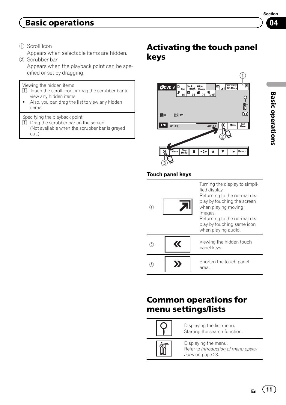 Activating the touch panel keys, Common operations for menu settings, Lists | Common operations for menu settings/lists, Basic operations | Pioneer AVH-5400DVD User Manual | Page 11 / 72