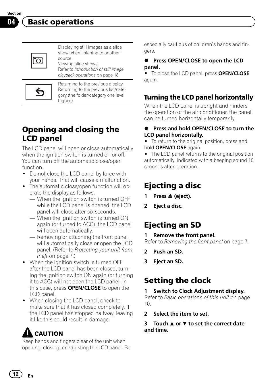 Opening and closing the lcd panel, Ejecting a disc, Ejecting an sd | Setting the clock, 04 basic operations, Turning the lcd panel horizontally | Pioneer AVH-5400DVD User Manual | Page 12 / 72