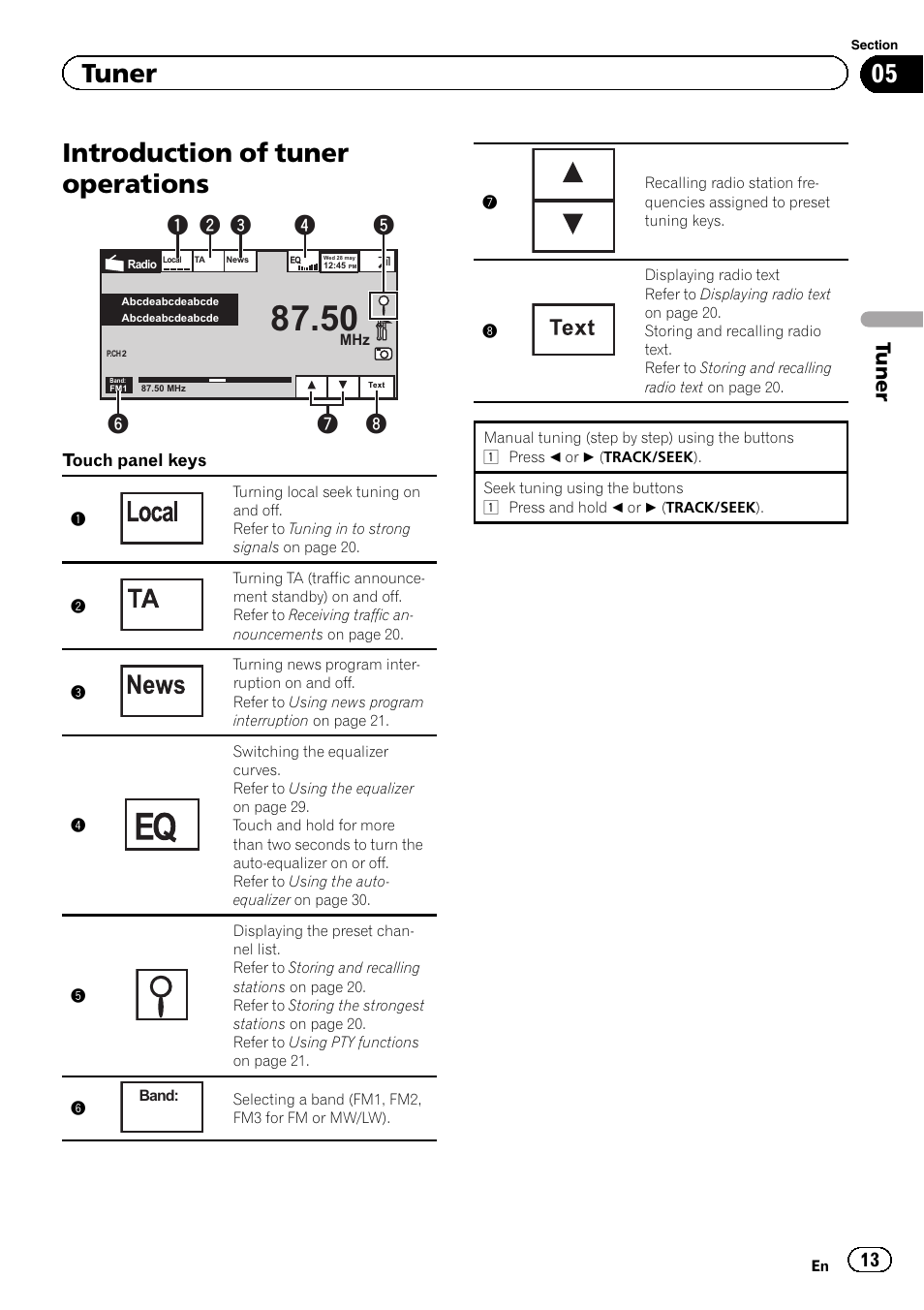 Tuner introduction of tuner operations, Introduction of tuner operations, Tuner | Pioneer AVH-5400DVD User Manual | Page 13 / 72