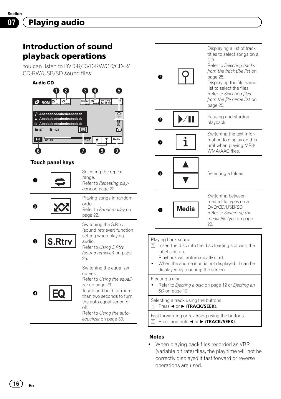 Playing audio introduction of sound playback, Operations, Introduction of sound playback operations | 07 playing audio | Pioneer AVH-5400DVD User Manual | Page 16 / 72