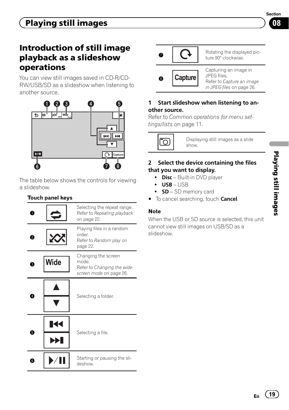 Introduction of still image playback as a, Slideshow operations, Playing still images | Pioneer AVH-5400DVD User Manual | Page 19 / 72