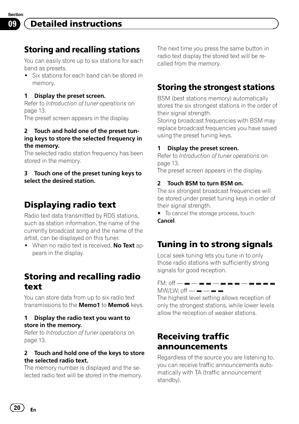 Displaying radio text, Storing and recalling radio text, Storing the strongest stations | Tuning in to strong signals, Receiving traffic announcements, Storing and recalling stations, 09 detailed instructions | Pioneer AVH-5400DVD User Manual | Page 20 / 72
