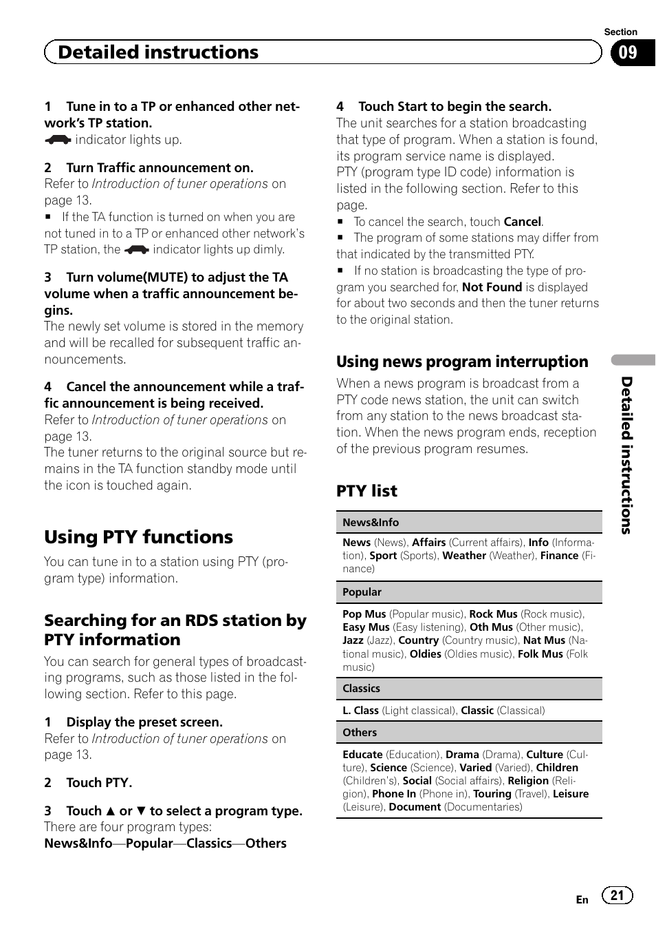 Using pty functions, Detailed instructions, Searching for an rds station by pty information | Using news program interruption, Pty list | Pioneer AVH-5400DVD User Manual | Page 21 / 72