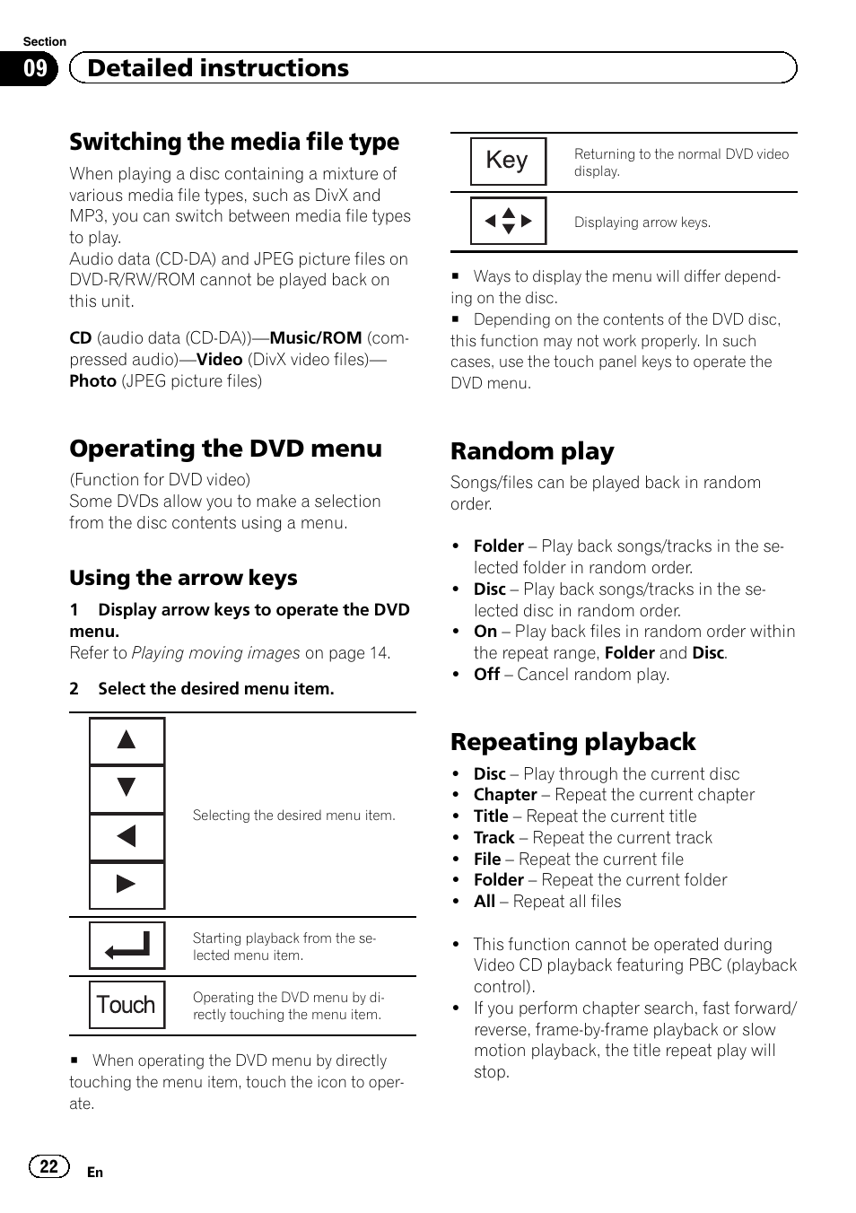Switching the media file type, Operating the dvd menu, Random play | Repeating playback, 09 detailed instructions, Using the arrow keys | Pioneer AVH-5400DVD User Manual | Page 22 / 72