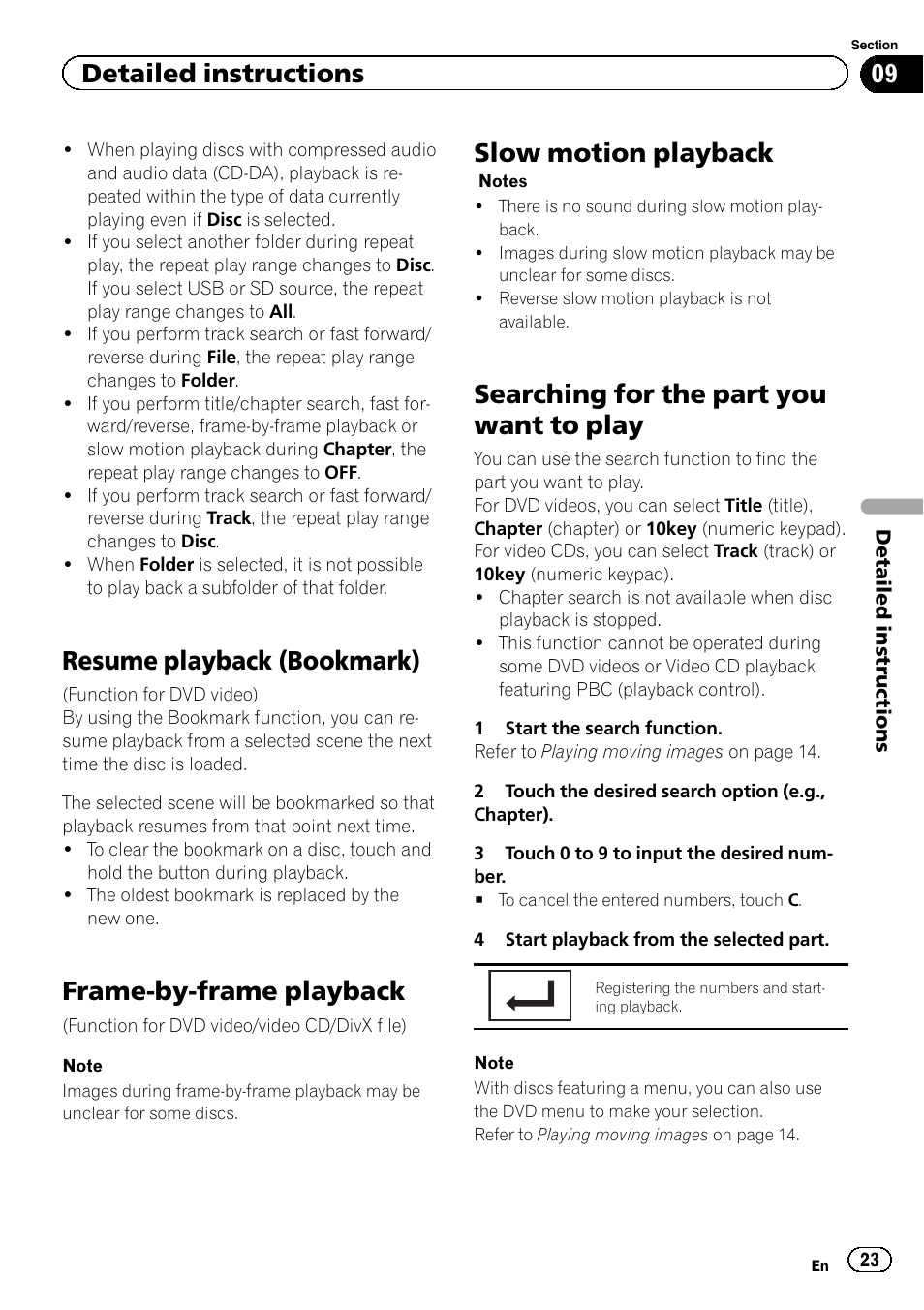 Resume playback (bookmark), Frame-by-frame playback, Slow motion playback | Searching for the part you want to play, Detailed instructions | Pioneer AVH-5400DVD User Manual | Page 23 / 72