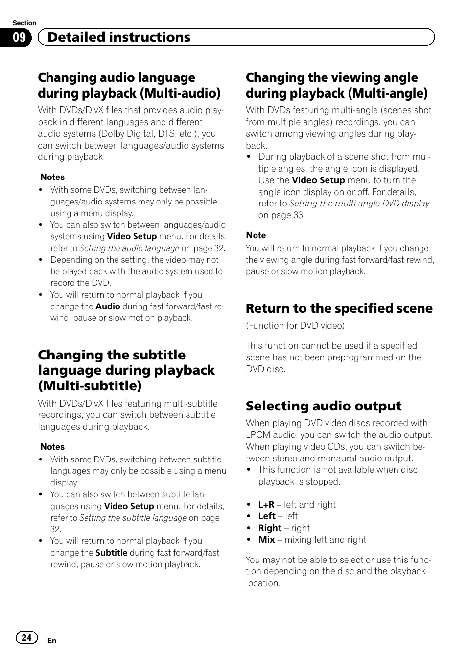 Changing audio language during playback, Multi-audio), Changing the subtitle language during | Playback (multi-subtitle), Changing the viewing angle during playback, Multi-angle), Return to the specified scene, Selecting audio output, 09 detailed instructions | Pioneer AVH-5400DVD User Manual | Page 24 / 72