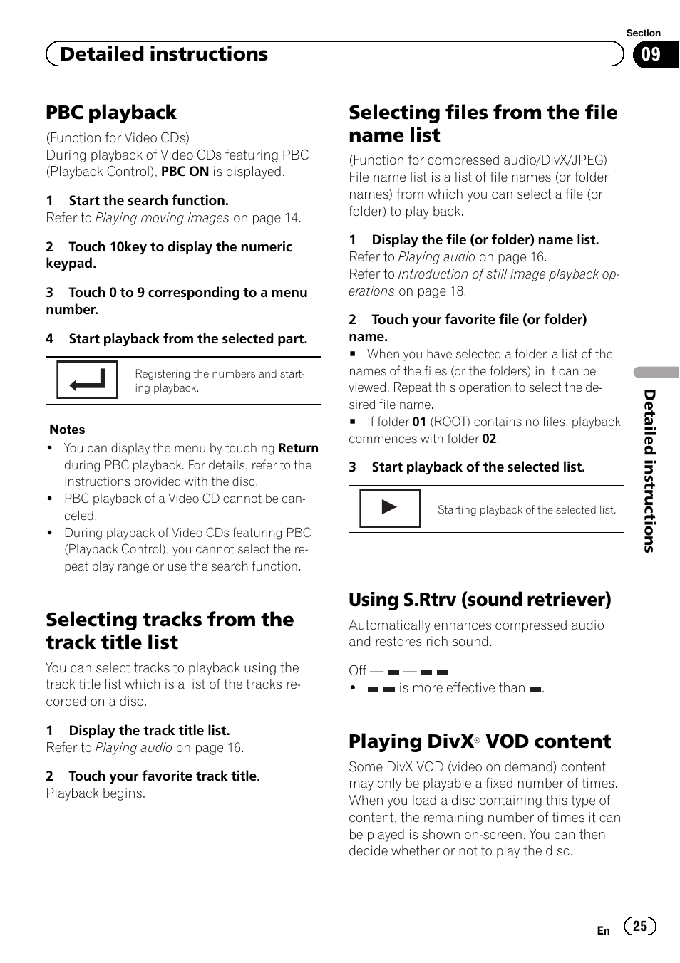 Pbc playback, Selecting tracks from the track title list, Selecting files from the file name list | Using s.rtrv (sound retriever), Playing divx, Â vod content 25, Vod content, Detailed instructions | Pioneer AVH-5400DVD User Manual | Page 25 / 72