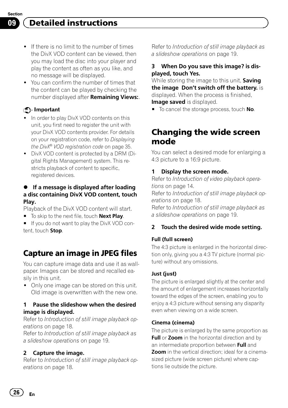 Capture an image in jpeg files, Changing the wide screen mode, 09 detailed instructions | Pioneer AVH-5400DVD User Manual | Page 26 / 72