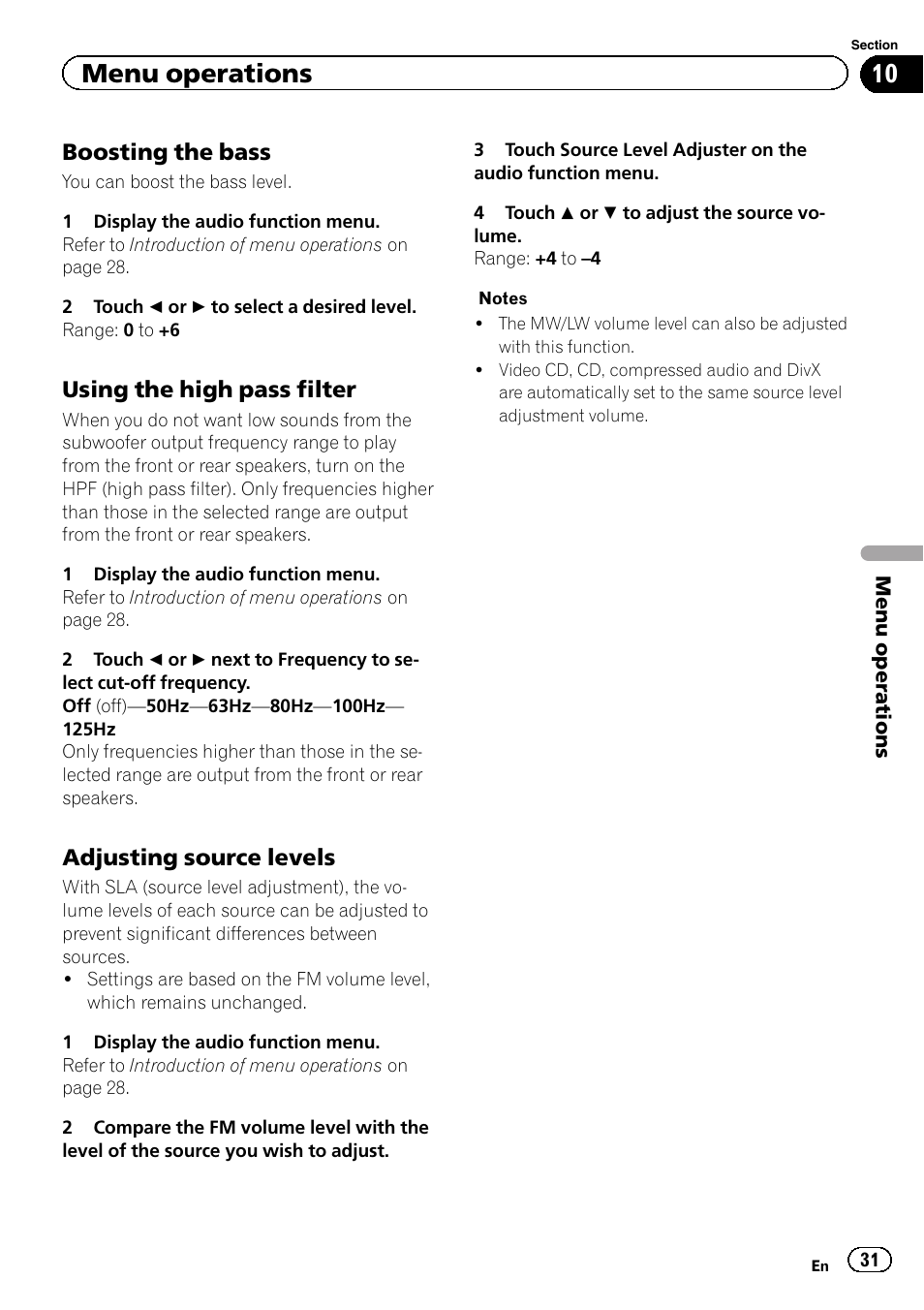 Menu operations, Boosting the bass, Using the high pass filter | Adjusting source levels | Pioneer AVH-5400DVD User Manual | Page 31 / 72