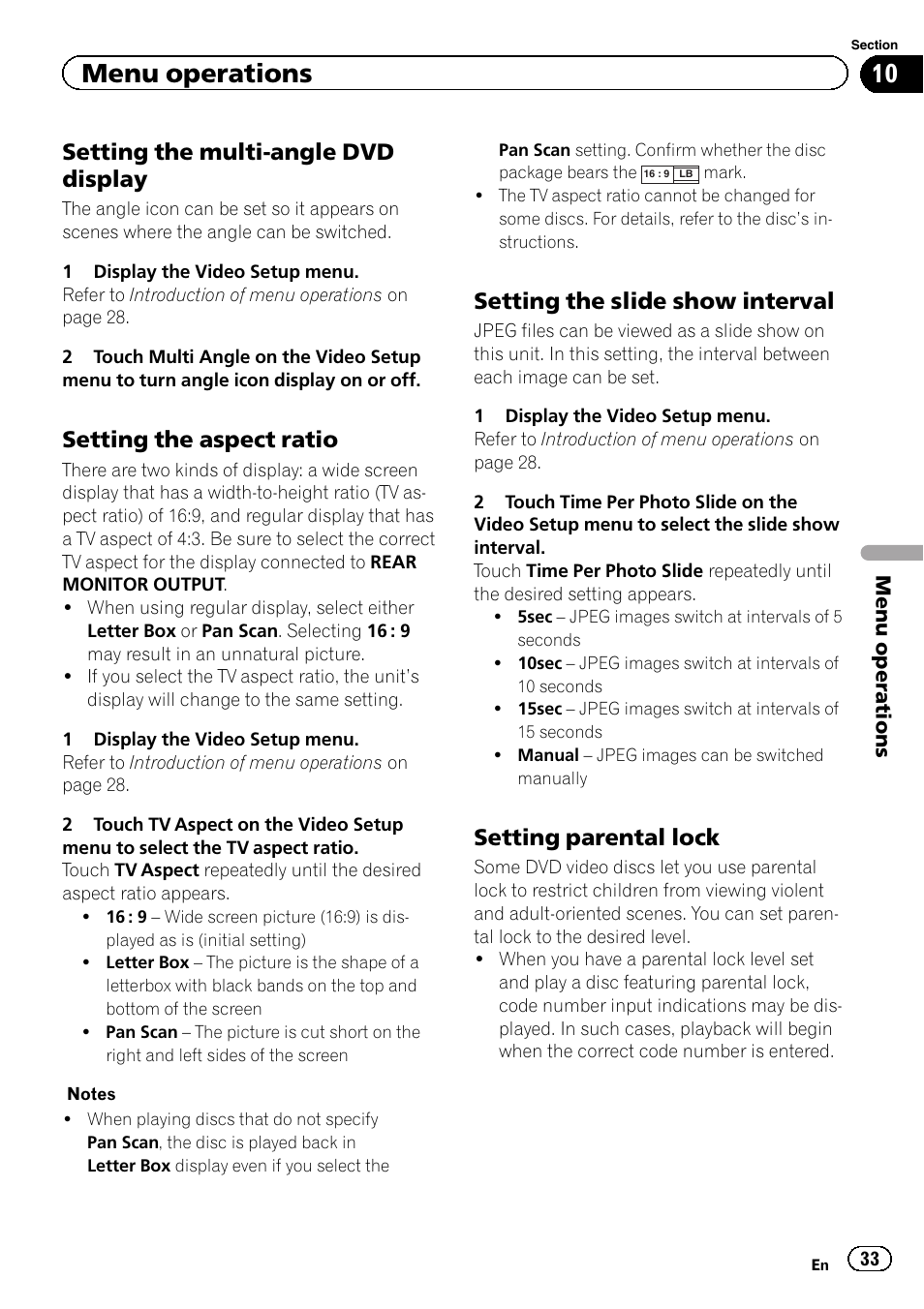 Menu operations, Setting the multi-angle dvd display, Setting the aspect ratio | Setting the slide show interval, Setting parental lock | Pioneer AVH-5400DVD User Manual | Page 33 / 72