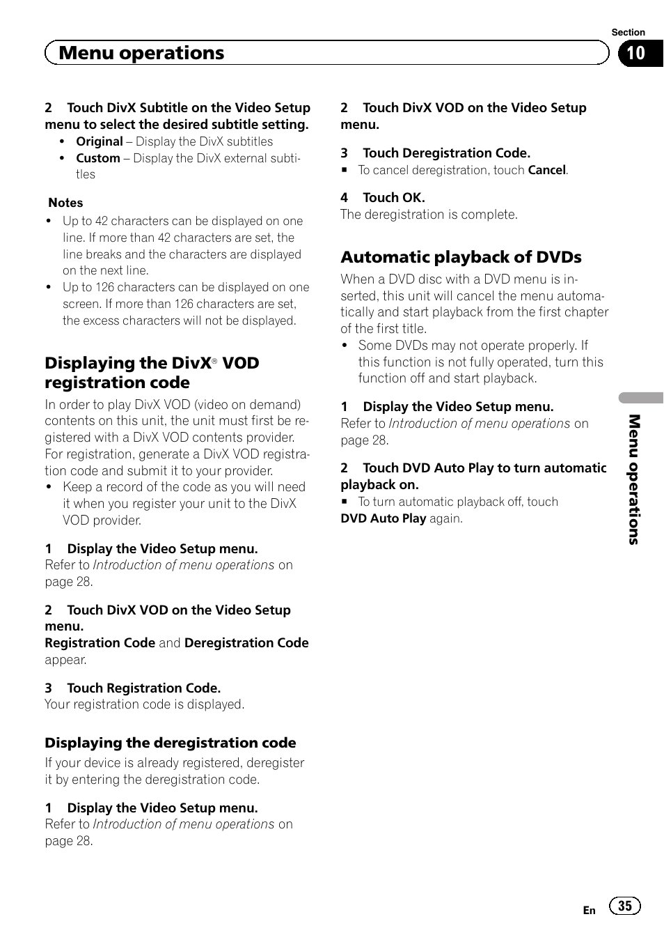Displaying the divx, Menu operations, Vod registration code | Automatic playback of dvds | Pioneer AVH-5400DVD User Manual | Page 35 / 72