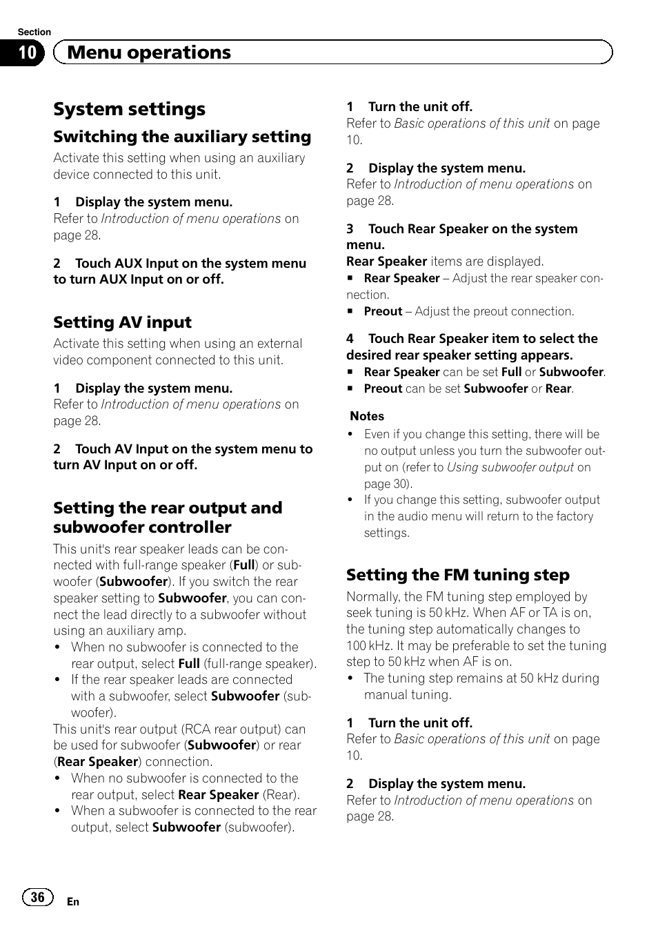 System settings, 10 menu operations, Switching the auxiliary setting | Setting av input, Setting the rear output and subwoofer controller, Setting the fm tuning step | Pioneer AVH-5400DVD User Manual | Page 36 / 72
