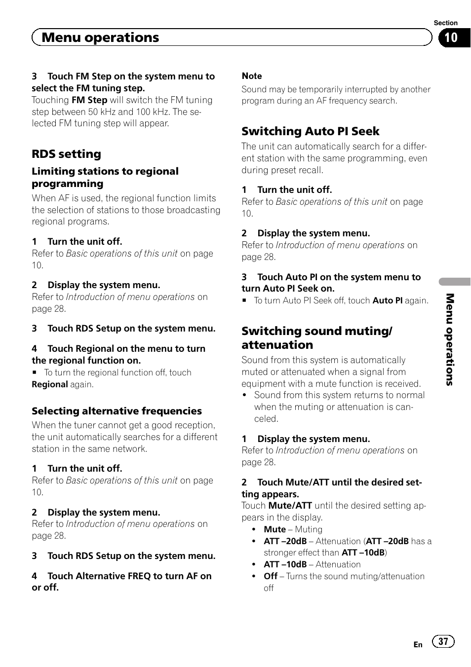 Menu operations, Rds setting, Switching auto pi seek | Switching sound muting/ attenuation | Pioneer AVH-5400DVD User Manual | Page 37 / 72