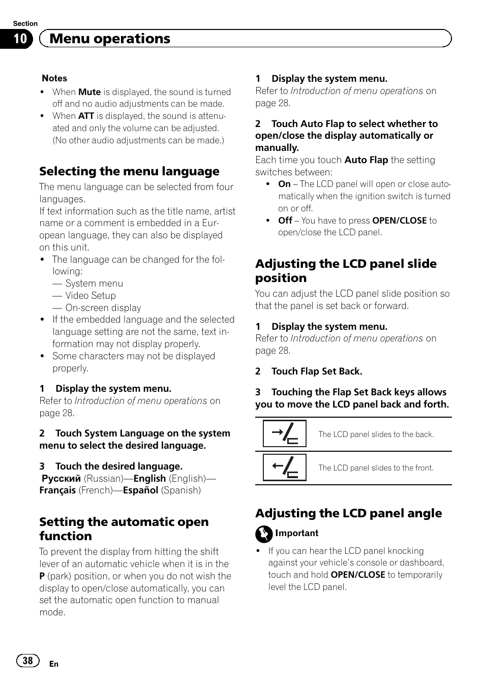 10 menu operations, Selecting the menu language, Setting the automatic open function | Adjusting the lcd panel slide position, Adjusting the lcd panel angle | Pioneer AVH-5400DVD User Manual | Page 38 / 72