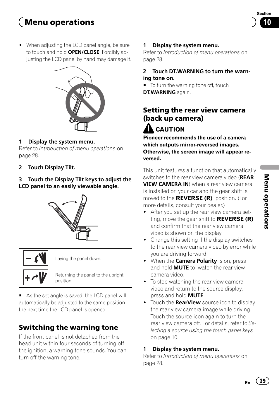 Menu operations, Switching the warning tone, Setting the rear view camera (back up camera) | Pioneer AVH-5400DVD User Manual | Page 39 / 72