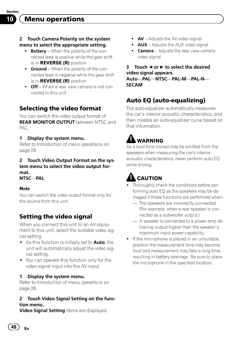 10 menu operations, Selecting the video format, Setting the video signal | Auto eq (auto-equalizing) | Pioneer AVH-5400DVD User Manual | Page 40 / 72