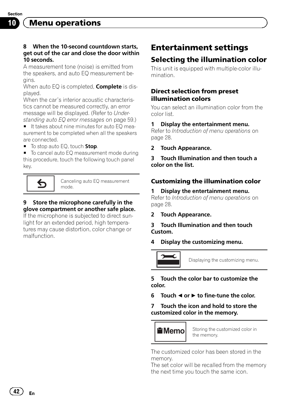 Entertainment settings, 10 menu operations, Selecting the illumination color | Pioneer AVH-5400DVD User Manual | Page 42 / 72