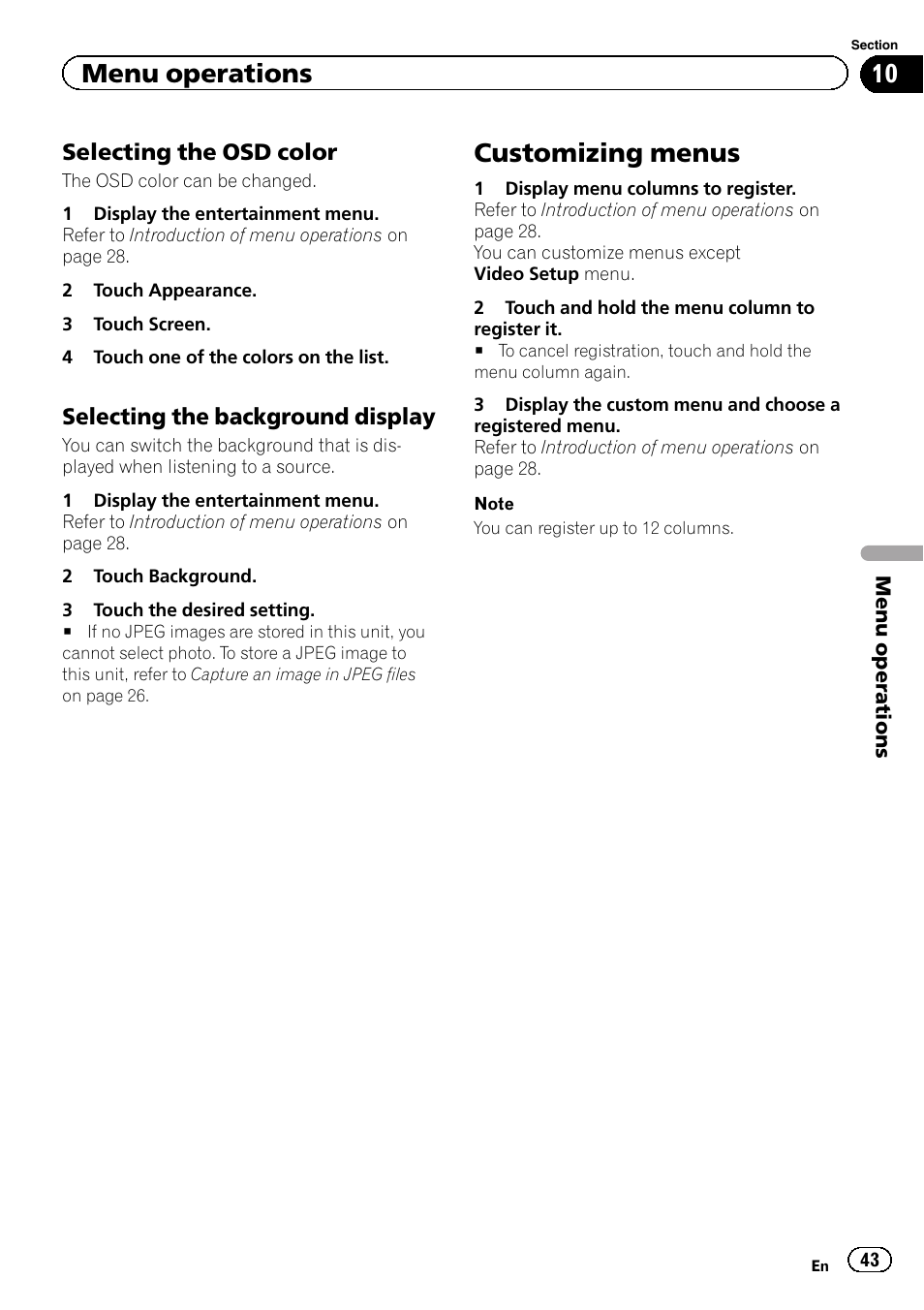 Customizing menus, Menu operations | Pioneer AVH-5400DVD User Manual | Page 43 / 72