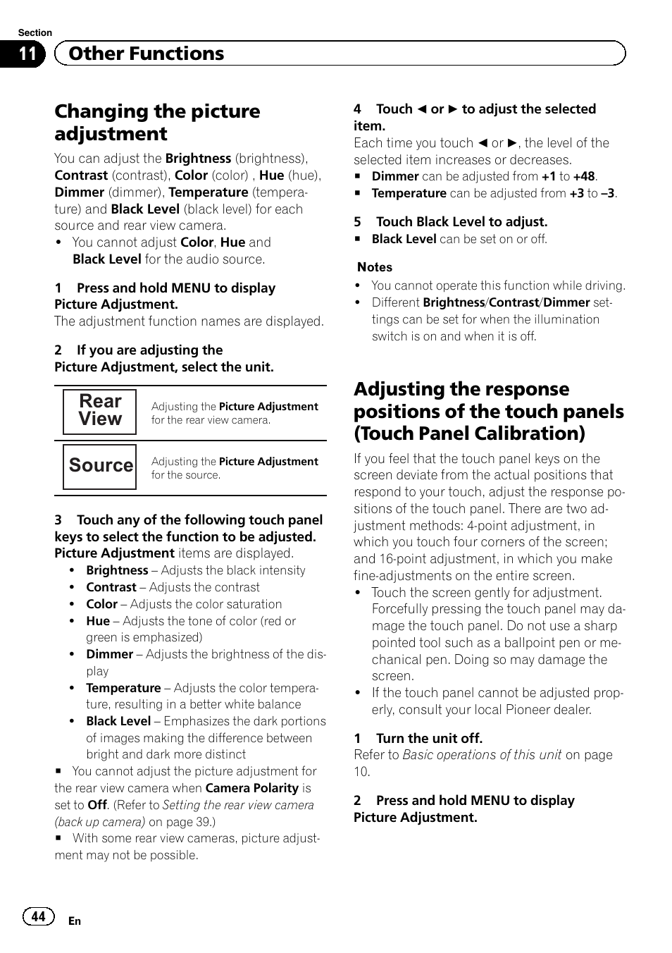 Other functions changing the picture adjustment, Adjusting the response positions of the, Touch panels (touch panel calibration) | Changing the picture adjustment, Rear view, Source, 11 other functions | Pioneer AVH-5400DVD User Manual | Page 44 / 72