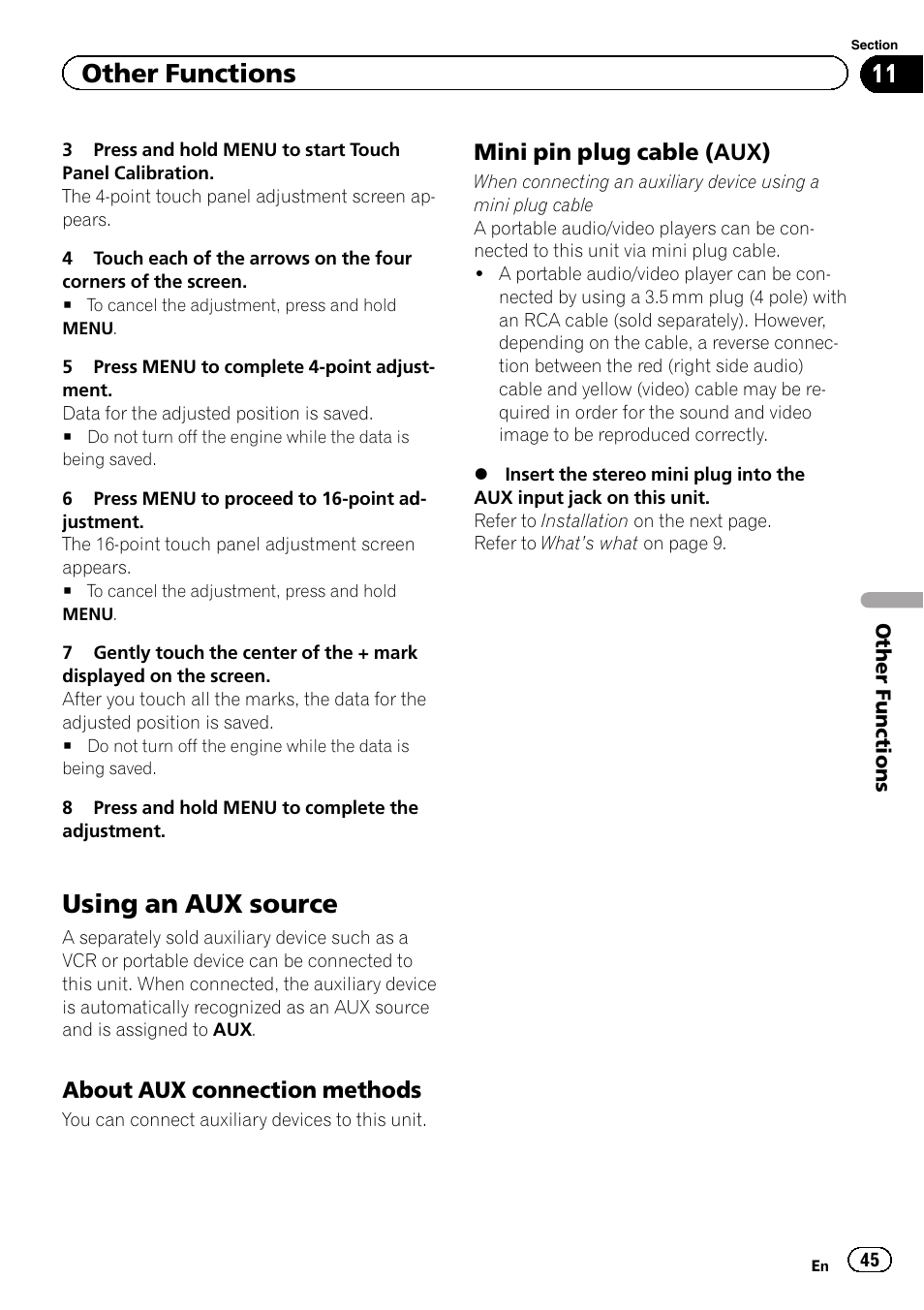 Using an aux source, Other functions | Pioneer AVH-5400DVD User Manual | Page 45 / 72
