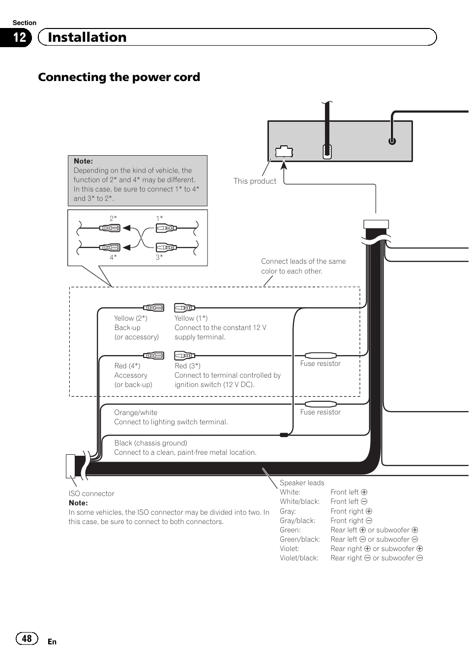 12 installation, Connecting the power cord | Pioneer AVH-5400DVD User Manual | Page 48 / 72