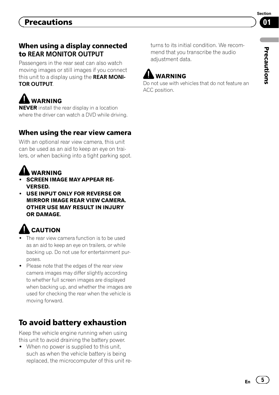 To avoid battery exhaustion, Precautions | Pioneer AVH-5400DVD User Manual | Page 5 / 72