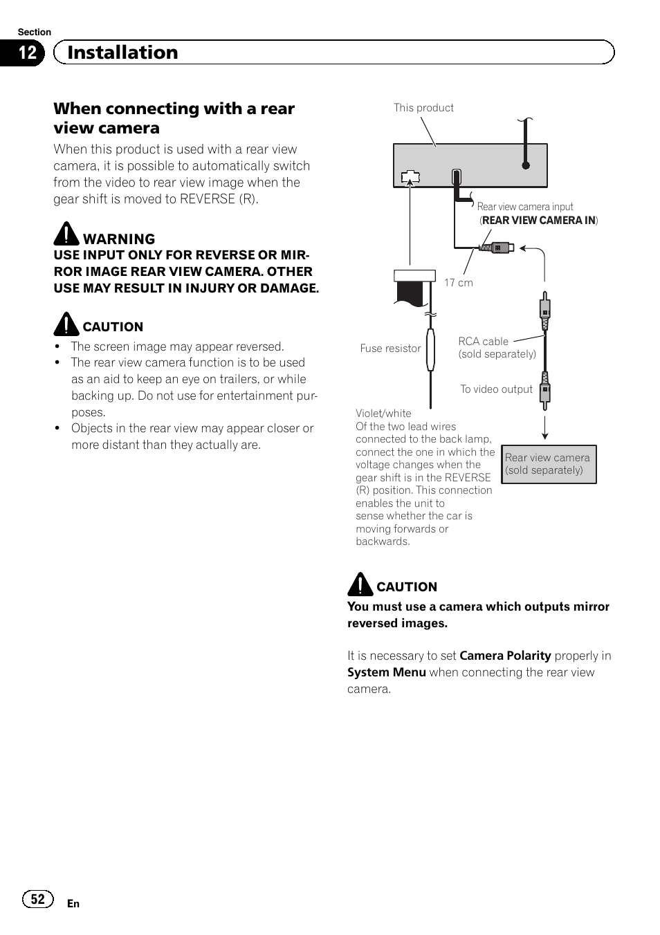 12 installation, When connecting with a rear view camera | Pioneer AVH-5400DVD User Manual | Page 52 / 72