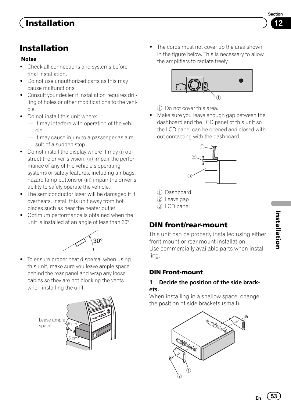 Installation, Din front/rear-mount | Pioneer AVH-5400DVD User Manual | Page 53 / 72