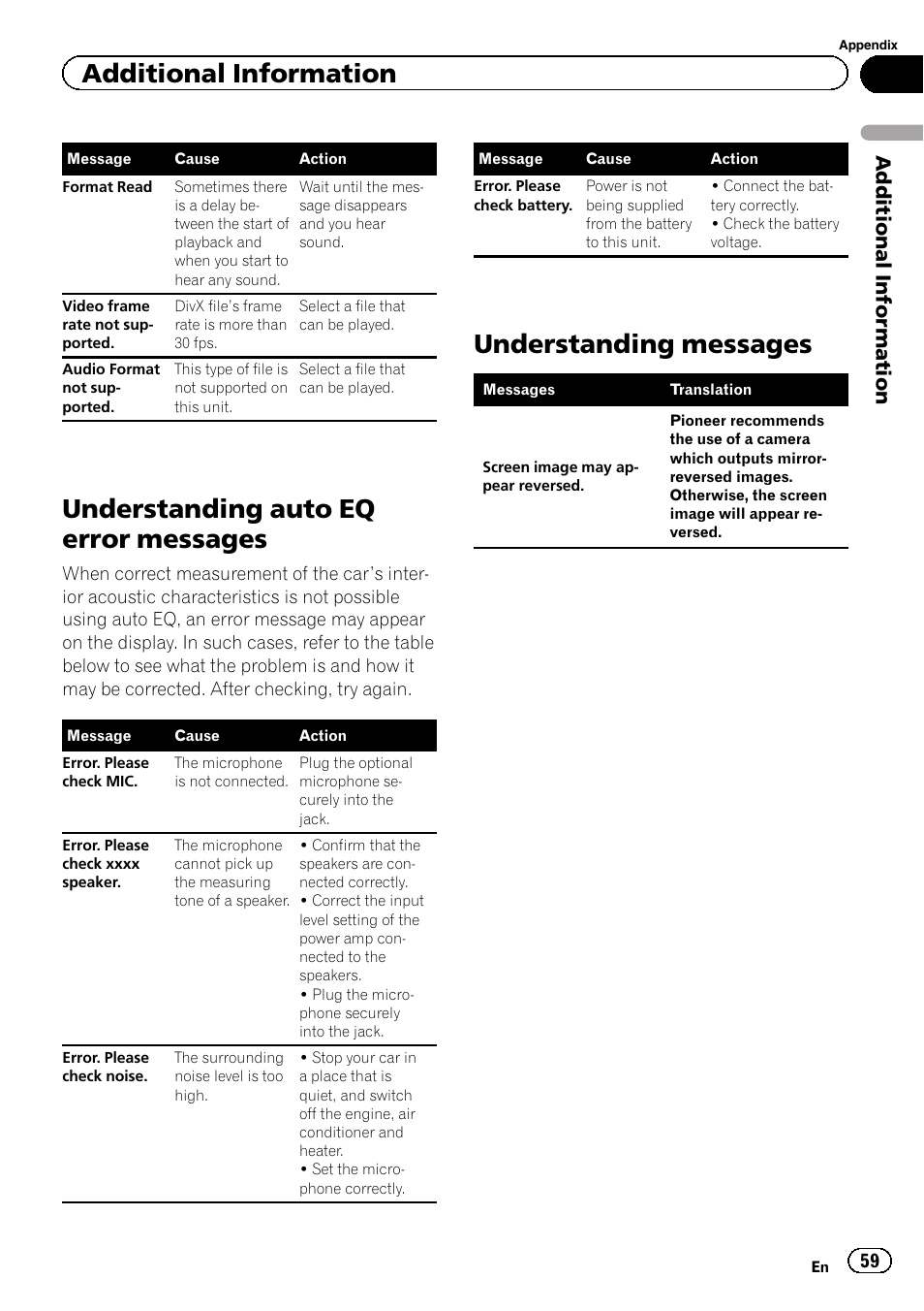 Understanding auto eq error messages, Understanding messages, Additional information | Pioneer AVH-5400DVD User Manual | Page 59 / 72