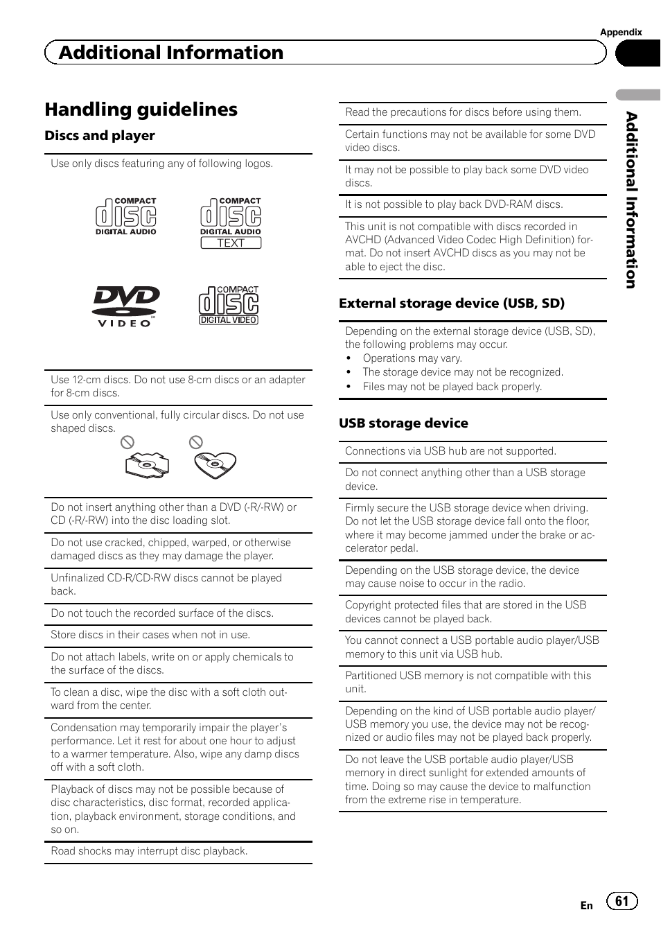 Handling guidelines 61, Handling guidelines, Additional information | Pioneer AVH-5400DVD User Manual | Page 61 / 72
