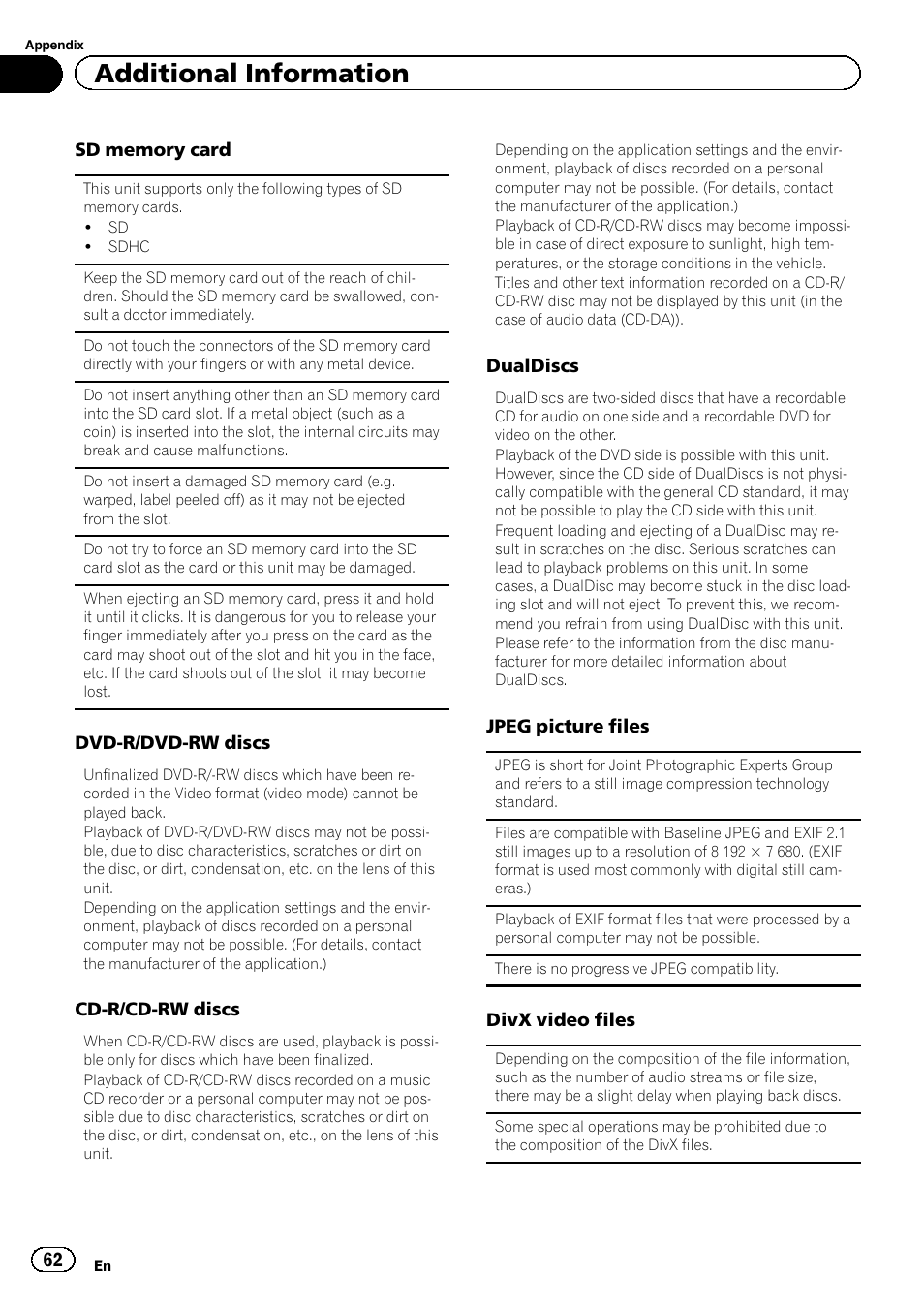 Additional information | Pioneer AVH-5400DVD User Manual | Page 62 / 72