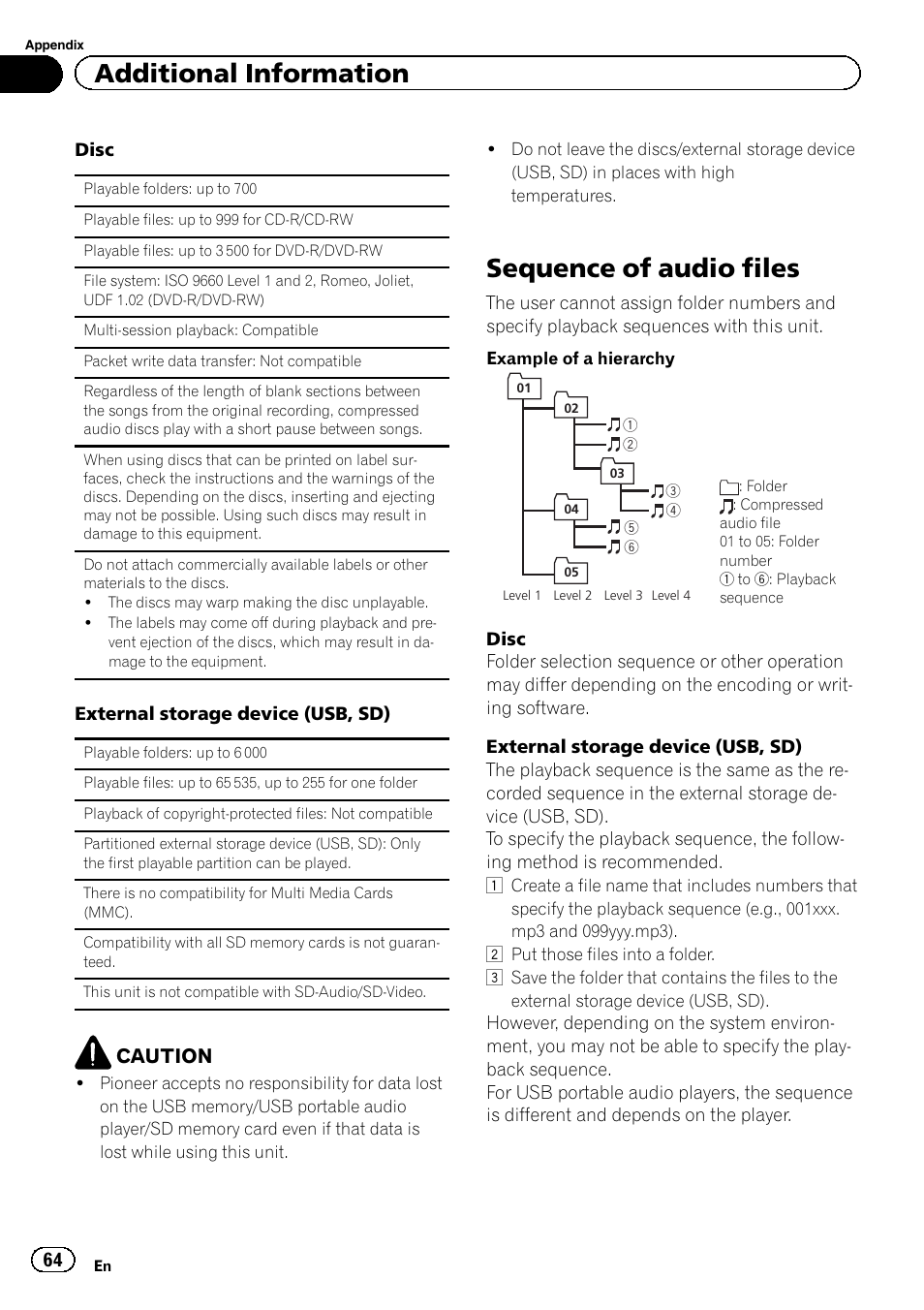 Sequence of audio files, Additional information, Caution | Pioneer AVH-5400DVD User Manual | Page 64 / 72