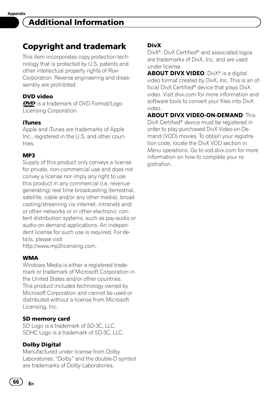 Copyright and trademark, Additional information | Pioneer AVH-5400DVD User Manual | Page 66 / 72