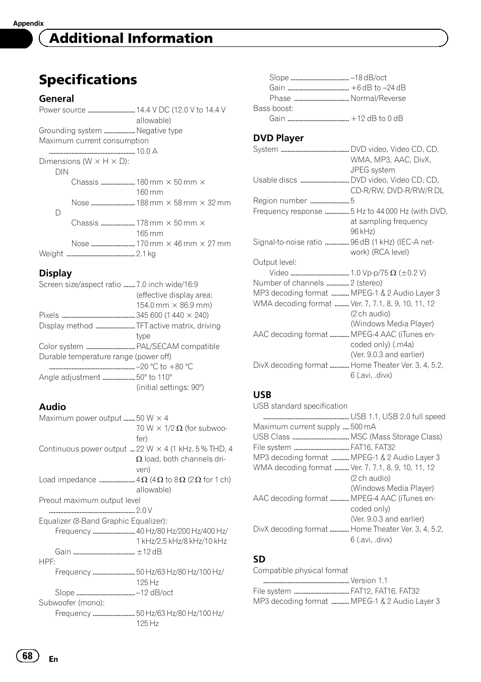 Specifications, Additional information | Pioneer AVH-5400DVD User Manual | Page 68 / 72