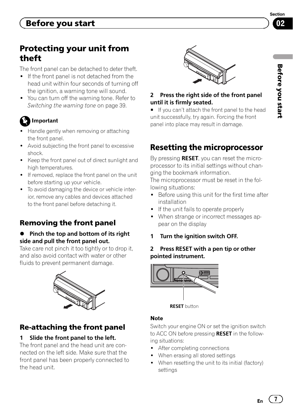 Protecting your unit from theft, Resetting the microprocessor, Before you start | Removing the front panel, Re-attaching the front panel | Pioneer AVH-5400DVD User Manual | Page 7 / 72