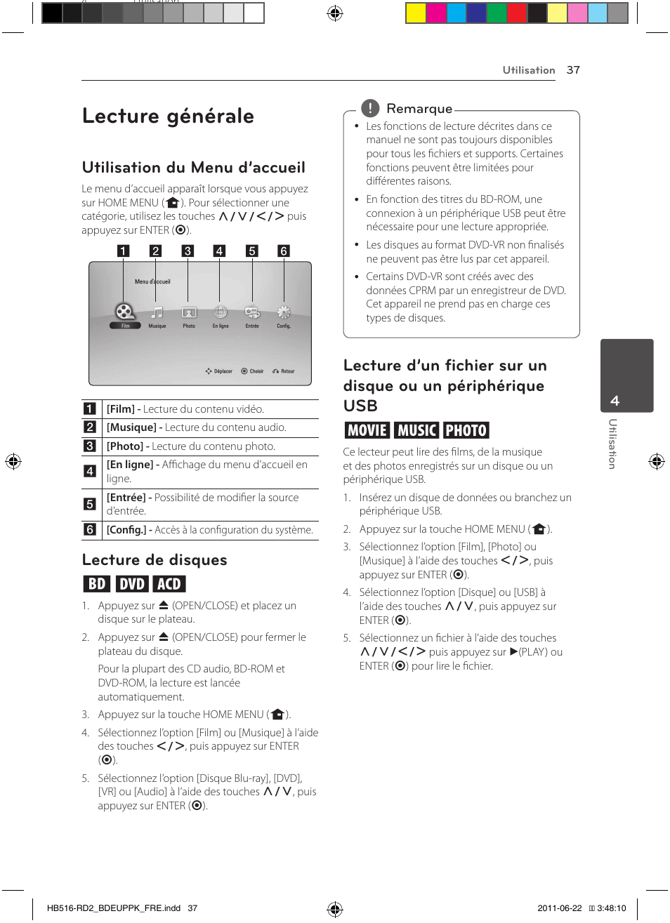 Un périphérique usb, Lecture générale, Utilisation du menu d’accueil | Lecture de disques ert | Pioneer BCS-HW919 User Manual | Page 103 / 412