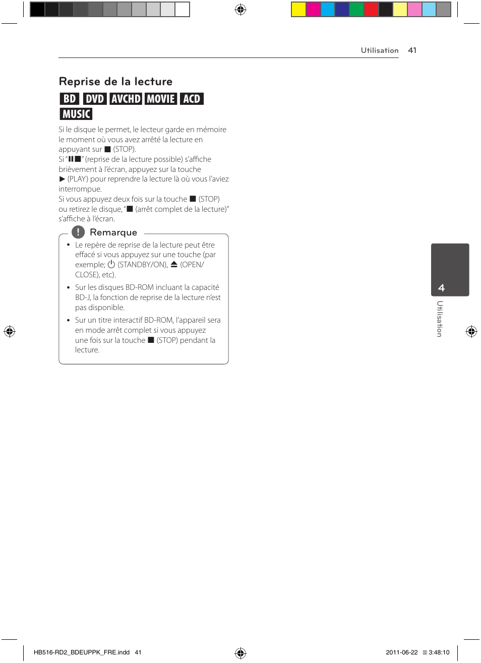 41 – reprise de la lecture, Reprise de la lecture eroyt, u | Pioneer BCS-HW919 User Manual | Page 107 / 412