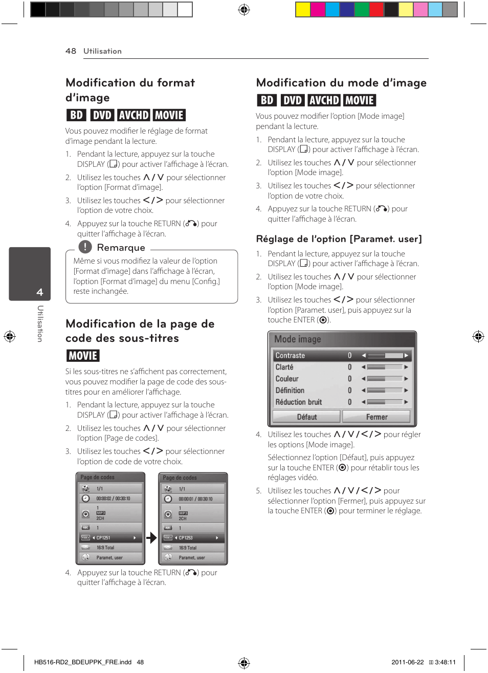 Sous-titres, 48 – modification du mode d’image, Modification du format d’image eroy | Modification de la page de code des sous-titres y, Modification du mode d’image eroy | Pioneer BCS-HW919 User Manual | Page 114 / 412