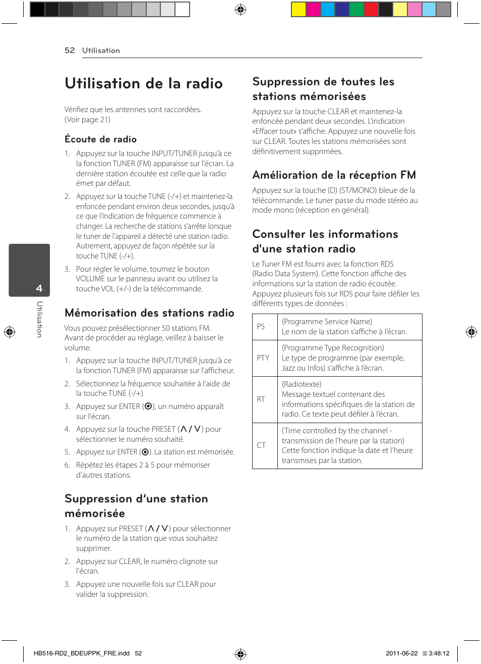 Mémorisées, Station radio, Utilisation de la radio | Mémorisation des stations radio, Suppression d’une station mémorisée, Suppression de toutes les stations mémorisées, Amélioration de la réception fm, Consulter les informations d'une station radio | Pioneer BCS-HW919 User Manual | Page 118 / 412