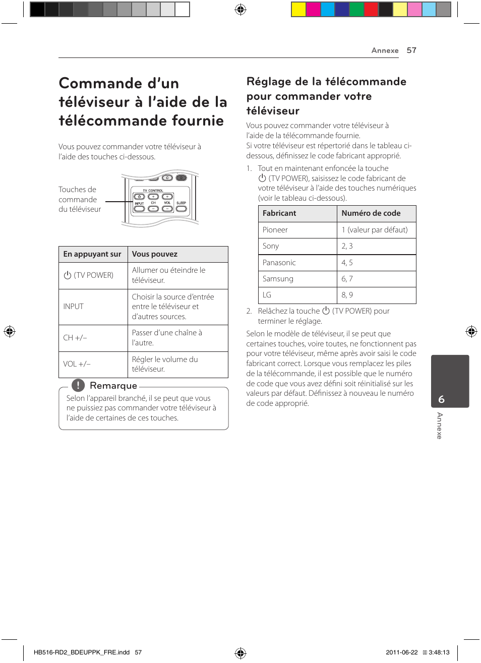 57 commande d’un téléviseur à l’aide de la, Télécommande fournie, 57 – réglage de la télécommande pour | Commander votre téléviseur | Pioneer BCS-HW919 User Manual | Page 123 / 412