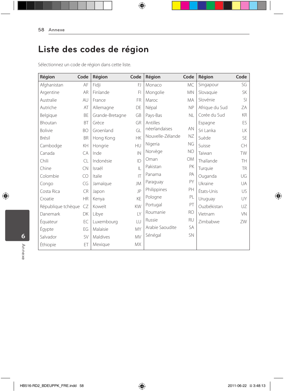 58 liste des codes de région, Liste des codes de région | Pioneer BCS-HW919 User Manual | Page 124 / 412