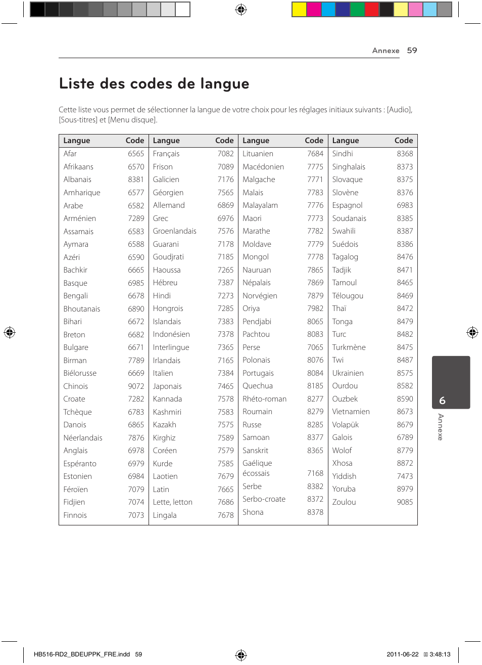 59 liste des codes de langue, Liste des codes de langue | Pioneer BCS-HW919 User Manual | Page 125 / 412